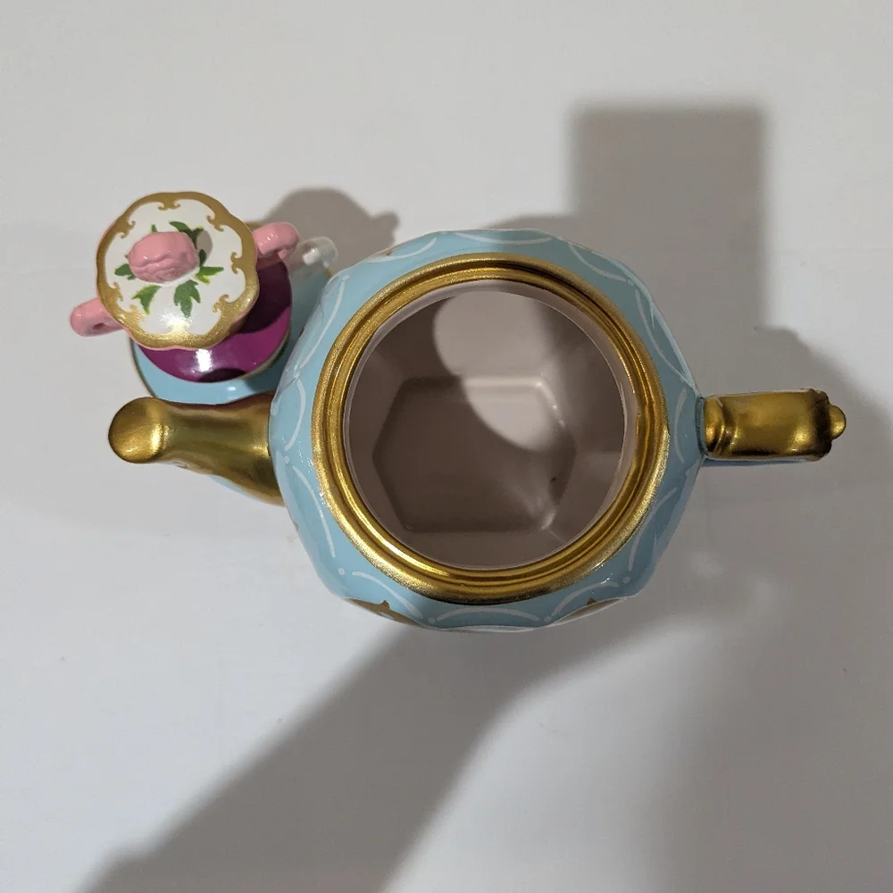 Alice In Wonderland, Elegant Blue and Gold Teapot with Pink Floral Lid 11"X9" - Picture 8 of 13
